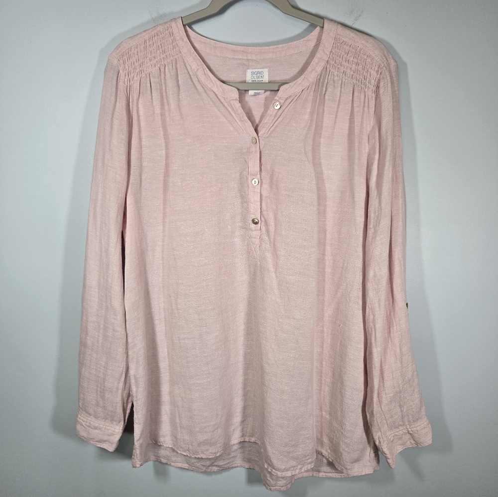 Sigrid Olsen Pink 100% Linen Long‎ Sleeve Boho Resort Shirt Women’s Size Large